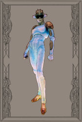 Rule 34 | 1girl, border, clenched hands, contrapposto, full body, grey background, hakumai (sse1331), jojo no kimyou na bouken, looking at viewer, shoulder pads, solo, stand (jojo), standing, stone free, sunglasses