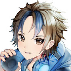 Rule 34 | 1boy, artist request, blue hair, blue sweater, brown eyes, brown hair, character request, copyright request, grin, headphones, headphones around neck, looking at viewer, lowres, male focus, multicolored hair, non-web source, smile, solo, source request, spiked hair, streaked hair, sweater, two-tone hair, upper body