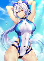 Rule 34 | 1girl, armpits, arms behind head, arms up, blue bow, blue one-piece swimsuit, blue sky, blush, bow, breasts, day, fate/grand order, fate (series), hair between eyes, hair bow, highleg, highleg swimsuit, highres, large breasts, long hair, looking at viewer, nasaniliu, one-piece swimsuit, ponytail, red eyes, revision, silver hair, sky, smile, solo, swimsuit, thighs, tomoe gozen (fate), tomoe gozen (swimsuit saber) (fate), tomoe gozen (swimsuit saber) (first ascension) (fate), two-tone swimsuit, white one-piece swimsuit