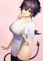 Rule 34 | 1girl, absurdres, black bra, black hair, black thighhighs, bra, bra visible through clothes, clothes lift, commentary, demon tail, hair between eyes, highres, horns, lifting own clothes, long hair, looking at viewer, no pants, off shoulder, open mouth, original, pink background, red eyes, rororo, see-through, see-through shirt, shirt, shirt lift, short sleeves, simple background, single horn, smile, solo, standing, tail, teeth, thighhighs, thighs, underwear, upper teeth only, white shirt