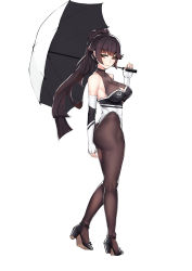 Rule 34 | 1girl, absurdres, ass, azur lane, bare shoulders, black footwear, black legwear, bow, breasts, brown hair, cleavage cutout, clothing cutout, elbow gloves, fingerless gloves, full body, gloves, hair flaps, high heels, highleg, highleg leotard, highres, holding, holding umbrella, impossible clothes, leotard, long hair, looking at viewer, medium breasts, multicolored clothes, multicolored leotard, orange eyes, race queen, simple background, solo, takao (azur lane), takao (full throttle charmer) (azur lane), tierla, two-tone leotard, umbrella, unitard, white background, white bow