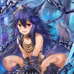 Rule 34 | 10s, 1girl, animal ears, bare shoulders, blue hair, blush, chain, edobox, erune, fenrir (shingeki no bahamut), granblue fantasy, jewelry, necklace, open mouth, red eyes, solo, squatting, tail, wolf ears, wolf tail