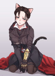 Rule 34 | 1girl, animal ears, asada ryou, assassin&#039;s creed: syndicate, assassin&#039;s creed (series), blush, cat ears, cat tail, evie frye, freckles, kemonomimi mode, quilted jacket, short hair, solo, tail