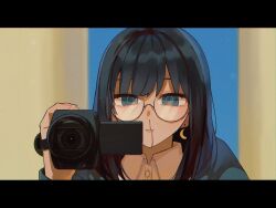Rule 34 | 1girl, black border, black hair, blood, blue eyes, blue jacket, blurry, blurry background, border, camcorder, crescent, crescent earrings, daijoyuu-san (synthesizer v), dress shirt, earrings, glasses, hand up, highres, holding camera, jacket, jewelry, karee (su pukare kirai), letterboxed, long sleeves, looking at viewer, medium hair, nosebleed, parted lips, portrait, round eyewear, semi-rimless eyewear, shirt, solo, swept bangs, synthesizer v, video camera, white shirt