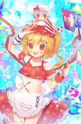 Rule 34 | 1girl, bat wings, blonde hair, blue hair, blush, character doll, commentary request, cowboy shot, crystal, fangs, flandre scarlet, frills, fumo (doll), hair ornament, hairpin, hand up, hat, highres, internet survivor, midriff, nene man, open mouth, red eyes, remilia scarlet, revision, selfie stick, side ponytail, smile, solo, touhou, wings