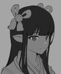 Rule 34 | 1girl, bad id, bad twitter id, black hair, blunt bangs, fewer digits, greyscale, hair ornament, japanese clothes, long hair, looking at viewer, minoto, monochrome, monster hunter (series), monster hunter rise, pointy ears, portrait, risumi (taka-fallcherryblossom), sidelocks, simple background, smile, solo