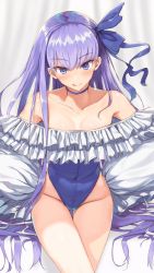 Rule 34 | 1girl, absurdres, bare shoulders, blue eyes, blue one-piece swimsuit, blush, breasts, choker, closed mouth, collarbone, covered navel, fate/grand order, fate (series), frilled one-piece swimsuit, frills, hair between eyes, highleg, highleg swimsuit, highres, licking lips, long hair, long sleeves, looking at viewer, maru (maru1625), meltryllis, meltryllis (fate), meltryllis (swimsuit lancer) (fate), meltryllis (swimsuit lancer) (second ascension) (fate), one-piece swimsuit, purple hair, ribbon, sleeves past fingers, sleeves past wrists, small breasts, smile, solo, swimsuit, thighs, tongue, tongue out, very long hair