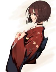 Rule 34 | 1girl, blue eyes, bob cut, brown hair, choker, floral print, from side, highres, holding, japanese clothes, kimono, long sleeves, lumo 1121, red kimono, short hair, smile, solo, tactics, wide sleeves, youko (tactics)