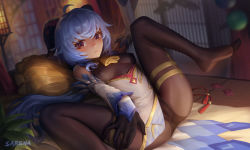 Rule 34 | 1girl, ahoge, arm up, ass, bare shoulders, bell, black bodysuit, black gloves, blue hair, blush, bodysuit, breasts, brown eyes, clothes lift, condom, covered erect nipples, detached sleeves, ganyu (genshin impact), genshin impact, gloves, horns, knees up, legs, legs up, lifting own clothes, long hair, looking at viewer, lying, medium breasts, neck bell, no bra, no panties, no shoes, on back, sarena, see-through clothes, smile, solo, spread legs, thighs, very long hair