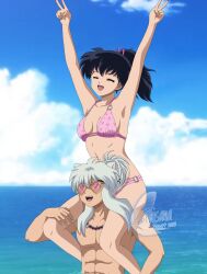 1boy 1girl :d ^_^ animal_ears armpits arms_up bare_arms bare_legs bead_necklace beads bikini black_hair blue_sky breasts cat_ears cherry_print cleavage closed_eyes cloud commentary day double_v english_commentary food_print hair_ribbon hand_on_another&#039;s_leg heart heart-shaped_eyewear highres higurashi_kagome inuyasha inuyasha_(character) jewelry long_hair medium_breasts necklace o-ring o-ring_bikini ocean open_mouth outdoors pink-tinted_eyewear pink_bikini pink_ribbon ponytail print_bikini ribbon sideboob sky smile sunglasses swimsuit taisana tinted_eyewear v white_hair yellow-framed_eyewear