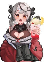 Rule 34 | 1girl, 9696k, absurdres, bandaid, bandaid hair ornament, black bow, black dress, black hair, black nails, blush, bow, breasts, cleavage, cleavage cutout, clothing cutout, coat, dress, drill hair, fang, food, frilled dress, frills, fruit, grey hair, hair bow, hair ornament, heart cutout, highres, hololive, ice cream, ice cream float, large breasts, looking at viewer, medium hair, multicolored hair, nail polish, official alternate costume, open mouth, orange (fruit), orange eyes, red coat, sakamata chloe, sakamata chloe (jirai kei), sleeveless, sleeveless dress, smile, solo, streaked hair, twin drills, virtual youtuber, white background, x hair ornament