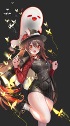 Rule 34 | 1girl, absurdres, alternate costume, black background, black hat, black skirt, boo tao (genshin impact), breasts, brown hair, brown nails, bug, butterfly, buttons, chain, collared shirt, double-breasted, fedora, flower, flower-shaped pupils, foot out of frame, genshin impact, ghost, gold chain, gradient hair, hair between eyes, hair flower, hair ornament, hands up, hat, highres, hu tao (genshin impact), hu tao (oneplus) (genshin impact), insect, leg up, long hair, long sleeves, medium breasts, multicolored hair, nail polish, necktie, open mouth, pencil skirt, plum blossoms, pottsness, red eyes, red hair, red shirt, shirt, simple background, skirt, sleeveless, sleeveless jacket, socks, solo, standing, standing on one leg, striped clothes, striped skirt, symbol-shaped pupils, teeth, thighs, twintails, twitter username, upper teeth only, very long hair, white necktie, white socks