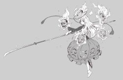 Rule 34 | 1girl, absurdres, bubble skirt, closed mouth, commentary, expressionless, fox mask, full body, greyscale, hata no kokoro, highres, holding, holding polearm, holding weapon, long hair, long sleeves, looking afar, mask, momijigari, monochrome, naginata, noh mask, oni mask, plaid, plaid shirt, polearm, shirt, shoes, skirt, solo, touhou, weapon, wide sleeves