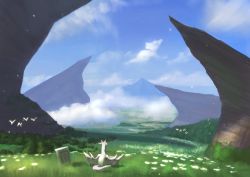 Rule 34 | bad id, bad pixiv id, bird, cloud, cloudy sky, day, dragon, field, flower, fog, highres, landscape, looking afar, mountain, no humans, scenery, sky, tombstone, valley