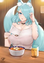 Rule 34 | 1girl, absurdres, animal ear fluff, animal ears, aqua hair, aqua nails, artist name, bare shoulders, black choker, bowl, bracelet, breasts, choker, collarbone, cup, drinking glass, ear piercing, fingernails, food, food request, hair ornament, hair over one eye, highres, holding, holding spoon, huge breasts, indoors, jewelry, kaos art, long bangs, long fingernails, long hair, nail polish, off-shoulder shirt, off shoulder, original, patreon username, piercing, shirt, sitting, solo, soup, spoon, strapless, strapless shirt, table, tail, white shirt