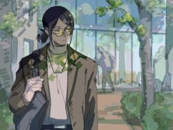 Rule 34 | 1boy, arm at side, bag, bead necklace, beads, black hair, brown jacket, building, bush, dappled sunlight, glass wall, green eyes, half-closed eyes, hand up, holding strap, inkya lovecome, jacket, jewelry, lapels, long sleeves, looking to the side, low ponytail, male focus, michiru (amphibian), necklace, open clothes, open jacket, outdoors, path, people, road, short hair, short ponytail, shoulder bag, sidelocks, sunglasses, sunlight, sweater, swept bangs, tinted eyewear, tote bag, tree, tsugai kouto, turtleneck, turtleneck sweater, upper body, white sweater, yellow-tinted eyewear