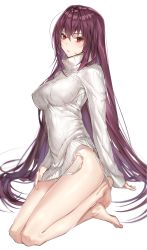 Rule 34 | 1girl, bad id, bad pixiv id, breasts, dore (gilles dore), dress, fate/grand order, fate (series), from side, hair between eyes, highres, large breasts, long hair, looking at viewer, purple hair, red eyes, scathach (fate), simple background, sitting, smile, solo, sweater, sweater dress, very long hair, white sweater