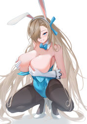Rule 34 | 1girl, absurdres, animal ears, asuna (blue archive), asuna (bunny) (blue archive), black pantyhose, blue archive, blue eyes, blush, bow, bowtie, breasts, cameltoe, cleavage, covering breasts, covering privates, detached collar, fake animal ears, gloves, hair over one eye, high heels, highres, huge breasts, jiang (kplrt 07), leotard, long hair, looking at viewer, mole, mole on breast, pantyhose, playboy bunny, rabbit ears, simple background, smile, solo, squatting, teeth, traditional bowtie, very long hair, white background, white gloves