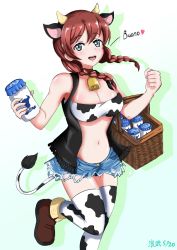 Rule 34 | 1girl, animal ears, aqua eyes, artist name, artist request, bandeau, bandeau bikini, bare shoulders, basket, bikini, black vest, blue eyes, blush, bottle, braid, breasts, brown footwear, brown hair, carrying, carrying bag, carrying under arm, clenched hand, collarbone, cow ears, cow tail, emma verde, female focus, floating hair, freckles, hair between eyes, hair tie, heart, holding, holding basket, long hair, looking at viewer, love live!, love live! nijigasaki high school idol club, milk bottle, neck bell, parted lips, red hair, shoes, side-tie bikini bottom, smile, solo, standing, standing on one leg, swimsuit, tail, twin braids, twintails, vest, wavy hair, white background, white bandeau, white legwear