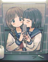 Rule 34 | 2girls, black eyes, black hair, blunt bangs, blush, braid, brown hair, cellphone, commission, facing another, highres, holding, holding phone, incoming kiss, long hair, long sleeves, looking at another, looking at mirror, mirror, multiple girls, neckerchief, original, phone, red neckerchief, reflection, rnfhv, school uniform, serafuku, skeb commission, toilet paper, twin braids, yuri