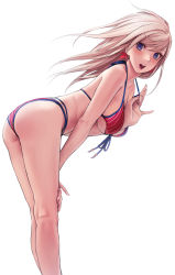 Rule 34 | 1girl, american flag bikini, american flag print, applekun, arm between breasts, ass, bent over, between breasts, bikini, bikini pull, blue eyes, breasts, clothes pull, earrings, fate/grand order, fate (series), feet, flag print, floating hair, from side, hair down, halterneck, hand on own knee, highres, jewelry, kneepits, large breasts, leaf, legs, long hair, looking at viewer, maple leaf, miyamoto musashi (fate), miyamoto musashi (fate/grand order), miyamoto musashi (swimsuit berserker) (fate), miyamoto musashi (swimsuit berserker) (second ascension) (fate), open clothes, pink hair, print bikini, simple background, smile, solo, standing, straight hair, swimsuit, teeth, upper teeth only, white background
