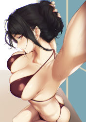 Rule 34 | 1girl, armpits, ass, bare shoulders, bikini, black hair, blueorca, blush, breasts, cleavage, collarbone, halterneck, highres, holding, holding own hair, large breasts, long hair, looking at viewer, mole, mole on breast, mole under eye, original, reaching, reaching towards viewer, red eyes, skindentation, smile, solo, swimsuit, thong bikini, wet