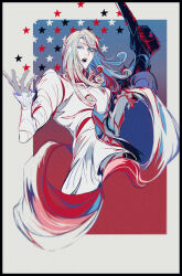 Rule 34 | 1boy, :o, american flag, blue background, border, coat, cropped torso, curly hair, dirty deeds done dirt cheap, frilled sleeves, frills, funny valentine, gradient background, grey hair, highres, holding, holding cloth, jojo no kimyou na bouken, limited palette, long hair, long sleeves, looking at viewer, male focus, mizudama, outside border, red background, solo, stand (jojo), steel ball run, w arms, white border, white coat