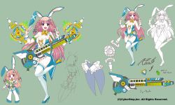 Rule 34 | aletta arpeggio, aletta arpeggio bny, animal ears, bare shoulders, blush, bow, braid, breasts, concept art, cosmic break, detached collar, electric guitar, fake animal ears, frills, guitar, high heels, highres, hijirinn2, instrument, large breasts, leggings, leotard, long hair, official art, open mouth, over-kneehighs, piano, pink hair, playboy bunny, purple eyes, rabbit ears, smile, standing, standing on one leg, teeth, thighhighs, twin braids, upper teeth only, v, very long hair