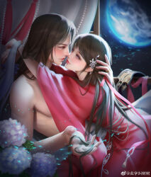 Rule 34 | 1boy, 1girl, absurdres, arms around neck, backlighting, bed, blush, character request, dress, face-to-face, flower, hand on another&#039;s head, hetero, highres, holding another&#039;s hair, hug, huo linger (wanmei shijie), looking at another, mingzi jiao shushu, moon, night, open hand, red dress, topless male, wanmei shijie, window