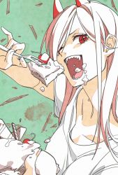 Rule 34 | + +, 1girl, cake, chainsaw man, cherry, collarbone, cross-shaped pupils, crow0cc, demon horns, eating, food, food on face, fork, fruit, green background, highres, holding, holding food, holding fork, horns, long hair, open mouth, pink hair, power (chainsaw man), red eyes, red horns, sharp teeth, shirt, short sleeves, symbol-shaped pupils, teeth, upper body, white shirt