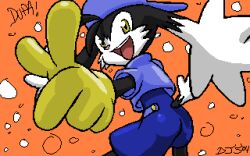 Rule 34 | 1boy, animal nose, arm up, artist name, ass, backwards hat, baseball cap, black fur, blue headwear, blue shirt, blue shorts, body fur, clothing cutout, foreshortening, from behind, furry, furry male, gloves, happy, hat, jaggy lines, kaze no klonoa, klonoa, long ears, male focus, oekaki, open mouth, orange background, outstretched arms, pointing, pointing at viewer, rabbit boy, rabbit ears, rockthebull, shirt, short sleeves, shorts, signature, smile, solo, standing, tail, tail through clothes, teeth, two-tone fur, white fur, wide-eyed, yellow eyes, yellow gloves