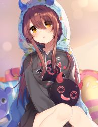 Rule 34 | 1girl, bad id, bad pixiv id, blanket, blush, brown hair, commentary request, earbuds, earphones, hair between eyes, highres, holding, horns, idolmaster, idolmaster shiny colors, indoors, knees together feet apart, long hair, long sleeves, looking at viewer, mafuyu (chibi21), open mouth, osaki tenka, sitting, solo, stuffed toy, tears, yellow eyes
