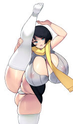 Rule 34 | 1girl, absurdres, black hair, blue eyes, breasts, cleavage, dot nose, female focus, highres, huge breasts, kouno (masao), leg up, looking at viewer, nipples, original, panties, plump, scarf, see-through, short hair, skin tight, skindentation, solo, thick thighs, thighhighs, thighs, underwear, white background, white panties, white thighhighs, wide hips, yellow scarf