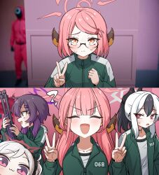 4girls :3 ^_^ absurdres aged_down aru_(blue_archive) black_hair black_horns blue_archive child closed_eyes commentary_request double_v glasses golmonggu gun halo haruka_(blue_archive) highres holding holding_gun holding_weapon horns kayoko_(blue_archive) korean_commentary meme multicolored_hair multiple_girls mutsuki_(blue_archive) pink_hair pink_halo problem_solver_68_(blue_archive) short_hair shotgun squid_game squid_game_2 two-tone_hair v weapon white_hair year_1_&amp;_year_2_(squid_game)_(meme) yellow_eyes