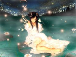 Rule 34 | 1girl, bare shoulders, brown eyes, brown hair, bug, butterfly, city, dress, earrings, female focus, flower, insect, jewelry, jpeg artifacts, kim hyung tae, kneeling, lily pad, long hair, nature, night, night sky, original, outdoors, plant, sky, solo, third-party edit, white dress