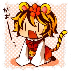 Rule 34 | 1girl, animal ears, blonde hair, chibi, fang, female focus, full body, hands in opposite sleeves, kneeling, magu, no nose, open mouth, polka dot, polka dot background, short hair, solo, tail, tiger ears, tiger tail, toramaru shou, touhou, | |