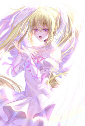 Rule 34 | 1girl, azaka (rionrita), blonde hair, collar, commentary request, cowboy shot, cross-laced armwear, detached collar, dress, feathered wings, hand on own chest, hands up, head wings, highres, hoshina utau, long hair, looking at hand, off-shoulder dress, off shoulder, open mouth, puffy short sleeves, puffy sleeves, purple eyes, seraphic charm, short sleeves, shugo chara!, sleeves past wrists, solo, twintails, white collar, white dress, white wings, wings