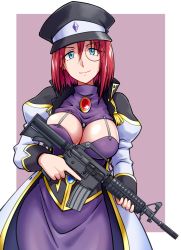 Rule 34 | 1girl, assault rifle, black-framed eyewear, black hat, blue eyes, breast cutout, breasts, brooch, closed mouth, coat, colt commando, commentary, dress, forte stollen, galaxy angel, goriate, gun, hat, highres, holding, holding gun, holding weapon, jewelry, juliet sleeves, large breasts, long dress, long sleeves, looking at viewer, monocle, outside border, peaked cap, puffy sleeves, purple background, purple dress, red hair, rifle, round eyewear, short hair, smile, solo, standing, trigger discipline, weapon, white coat