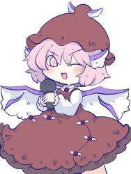 Rule 34 | 1girl, animal ears, bird ears, bird wings, blush, brown dress, brown hat, chahan (fried rice0614), collared shirt, cowboy shot, dress, hat, highres, holding, holding microphone, long sleeves, microphone, mystia lorelei, one eye closed, open mouth, pink eyes, pink hair, shirt, short hair, simple background, smile, solo, touhou, white background, white shirt, white wings, winged hat, wings