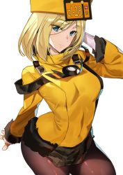 Rule 34 | 1girl, ashiomi masato, blonde hair, blue eyes, brown pantyhose, commentary request, dress, eyes visible through hair, fingerless gloves, fur hat, gloves, guilty gear, guilty gear xrd, hand to head, hat, millia rage, pantyhose, short dress, short hair, smile, solo, ushanka, yellow dress, yellow hat