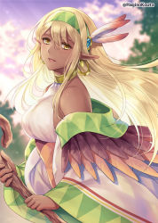 Rule 34 | 1girl, bare shoulders, blonde hair, blurry, blurry background, brown eyes, cloud, cloudy sky, commission, dark-skinned female, dark skin, depth of field, feather hair ornament, feathers, hagino kouta, hair between eyes, hair ornament, holding, holding staff, long hair, long sleeves, looking at viewer, original, outdoors, parted lips, pointy ears, red feathers, shirt, skeb commission, sky, sleeveless, sleeveless shirt, sleeves past wrists, smile, solo, staff, sunset, twitter username, very long hair, white feathers, white shirt, wide sleeves