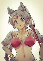 Rule 34 | 1girl, animal ears, armor, arms at sides, bikini armor, bracelet, braid, braided ponytail, breasts, closed mouth, dated, earrings, extra ears, facial mark, forehead mark, grey hair, highres, holding, holding polearm, holding weapon, hoop earrings, indian rhinoceros (kemono friends), jewelry, kemono friends, large breasts, long braid, long hair, looking at viewer, navel, neck ring, polearm, pom384347, rhinoceros ears, shoulder armor, single braid, sketch, smile, solo, stomach, very long hair, weapon