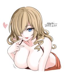 Rule 34 | 1girl, blue eyes, bouncing breasts, breasts, brown hair, cleavage, commentary request, cototiworld, hair over one eye, highres, large breasts, leaning forward, long hair, midriff, oriana thomason, toaru majutsu no index, tongue, tongue out, v, watermark, white background