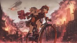 Rule 34 | 2girls, aircraft, belt, bicycle, blonde hair, boots, breasts, brown eyes, brown footwear, brown gloves, brown shorts, city, explosion, gloves, hair ornament, hairclip, helicopter, highres, holding, holding weapon, long sleeves, multiple girls, multiple riders, open clothes, open mouth, original, riding, riding bicycle, rocket launcher, shoes, short hair, short shorts, shorts, signature, sleeveless, small breasts, smoke, sneakers, socks, weapon, white footwear, zhaoyuan pan