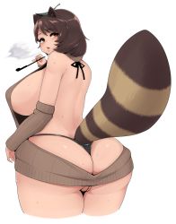 Rule 34 | 1girl, animal ears, ass, bare shoulders, blush, breasts, brown hair, curvy, futatsuiwa mamizou, grey background, highres, holding, holding smoking pipe, huge breasts, kiseru, long hair, looking at viewer, looking back, meme attire, oozon (ozon), open mouth, partially visible vulva, pussy, raccoon ears, raccoon tail, sideboob, simple background, smoking pipe, solo, sweat, tail, thick thighs, thighs, thong, touhou, virgin killer sweater, wedgie, whale tail (clothing), white background, wide hips