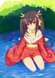 Rule 34 | 1girl, black hair, breasts, cleavage, collar, collarbone, hair ornament, highres, japanese clothes, kimono, kneeling, long hair, medium breasts, multicolored hair, off shoulder, original, pink hair, red eyes, red kimono, shiny skin, short kimono, short yukata, small breasts, solo, twintails, two-tone hair, water, yuj (moemarket), yukata