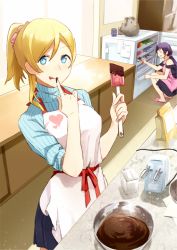 Rule 34 | 10s, 2girls, :q, ^ ^, animalization, apron, ayase eli, bad id, bad pixiv id, bird, blonde hair, blue eyes, casual, character doll, closed eyes, cooking, closed eyes, long hair, looking at viewer, love live!, love live! school idol project, low ponytail, minami kotori, minami kotori (bird), multiple girls, panda (pandadesu), ponytail, purple hair, refrigerator, smile, spatula, squatting, tongue, tongue out, tojo nozomi