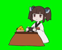 Rule 34 | 1girl, animated, animated gif, blinking, blunt bangs, brown eyes, brown hair, chibi, closed mouth, commentary request, controller, expressionless, food, fruit, fruit bowl, full body, game controller, green background, green screen, headgear, holding, holding controller, holding game controller, japanese clothes, kimono, kotatsu, mandarin orange, obi, obiage, pikumin, playing games, sash, short twintails, simple background, solo, table, touhoku kiritan, twintails, under kotatsu, under table, voiceroid, white kimono, wide sleeves