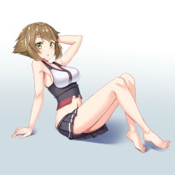 Rule 34 | 10s, 1girl, :o, arm behind head, arm support, arms behind back, bad id, bad pixiv id, bare legs, barefoot, blush, breasts, brown hair, feet, full body, gradient background, green eyes, kantai collection, leaning back, looking at viewer, midriff, miniskirt, mutsu (kancolle), navel, open mouth, pensuke, pleated skirt, short hair, sitting, skirt, solo, toes