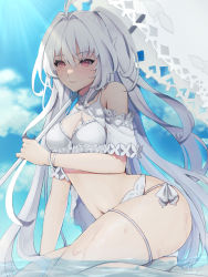Rule 34 | 1girl, antenna hair, bikini, blue sky, breasts, closed mouth, cloud, commentary request, day, fate/grand order, fate (series), hair between eyes, hair intakes, highres, holding, holding umbrella, kneeling, lady avalon (fate), lady avalon (second ascension) (fate), long hair, looking at viewer, medium breasts, merlin (fate/prototype), navel, outdoors, parasol, pink eyes, sitting, sky, smile, solo, stomach, sunlight, swimsuit, thighs, twintails, umbrella, ura (hamburg oniku), very long hair, water, wet, white bikini, white hair, white umbrella